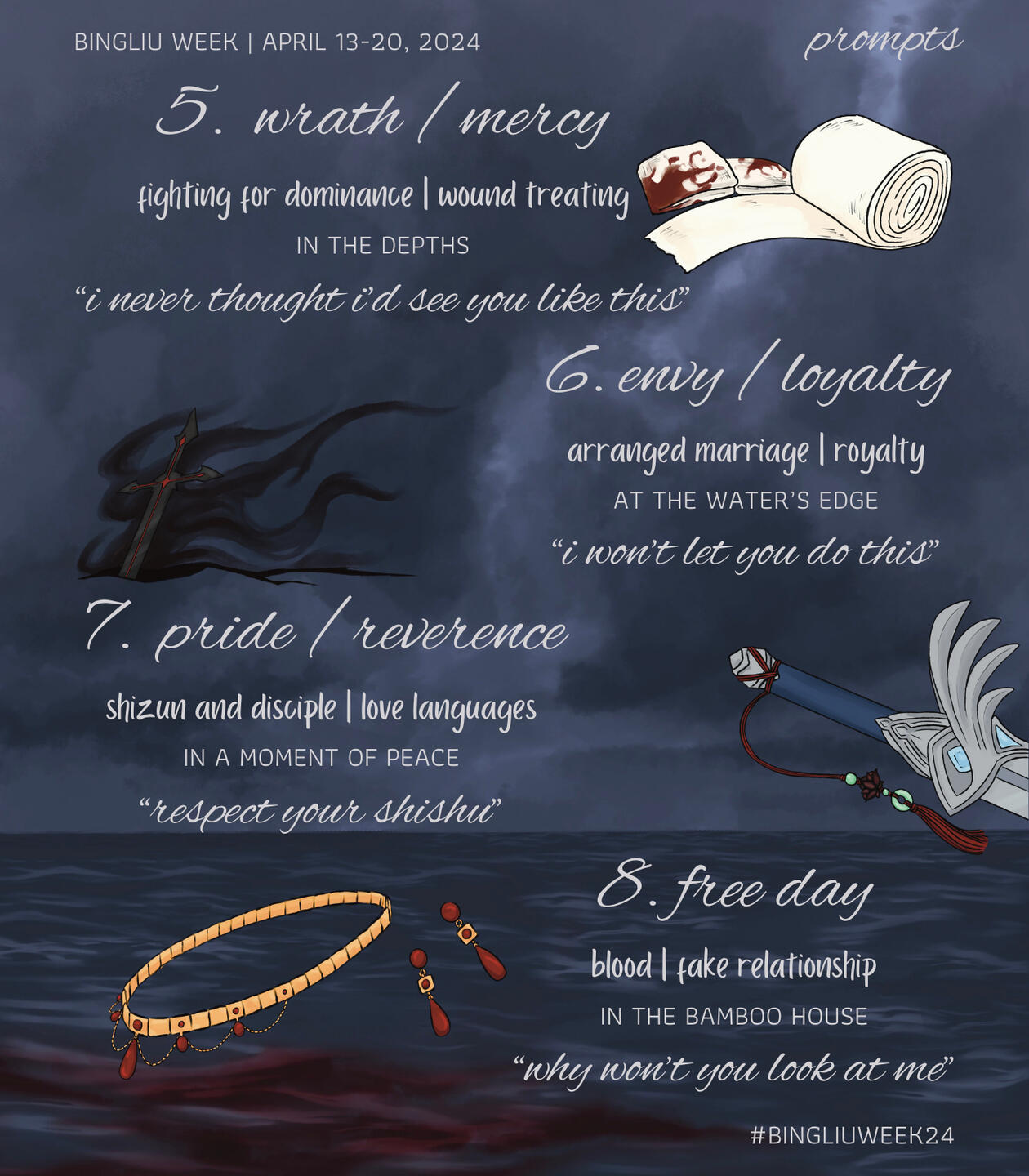 A graphic with light gray text on a background of a digitally painted stormy sky above bloodied waters. In the empty spaces to the right and left of prompts, there are four motifs: a roll of bandages, bloodied; the Xin Mo sword dug into the ground, surroun