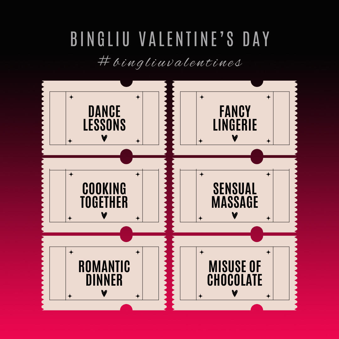 A black to dark pink gradient with six cream "tickets" over it. Bingliu Valentine's Day #bingliuvalentines Dance lessons Fancy lingerie Cooking together Sensual massage Romantic dinner Misuse of chocolate